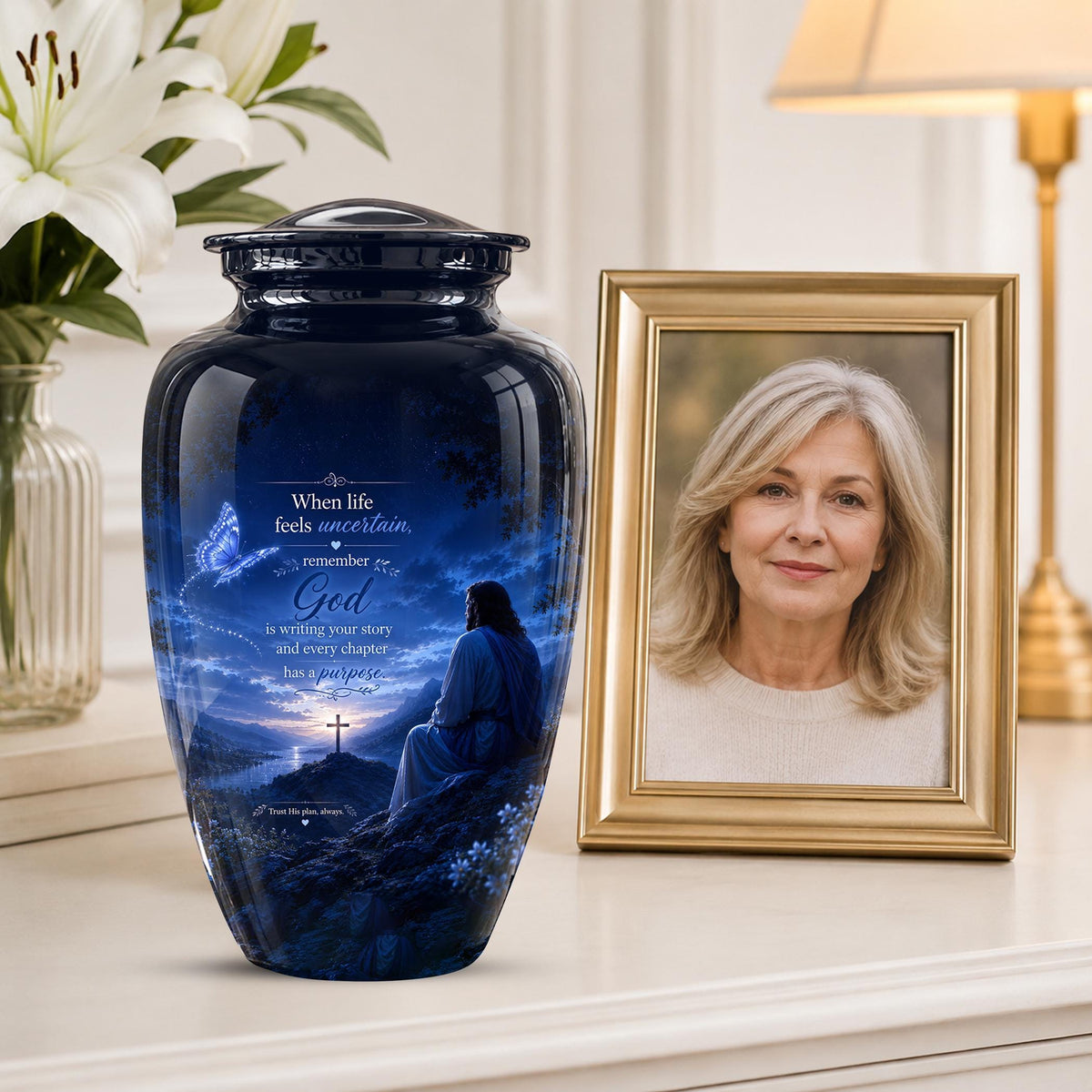 Personalized Jesus Cremation Urn for Ashes, Christian Memorial Urn - In Loving Memory Religious Tribute