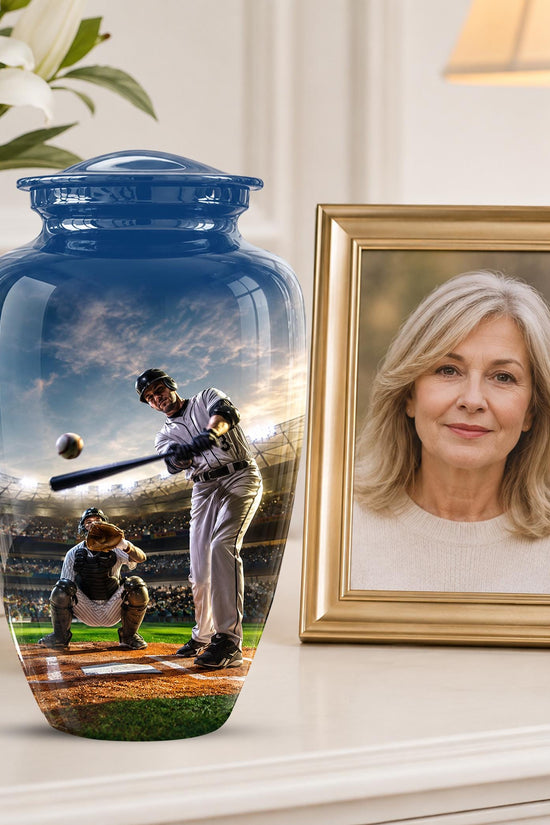 Baseball Cremation Urn for Ashes - Baseball Batter and Catcher Memorial Urn