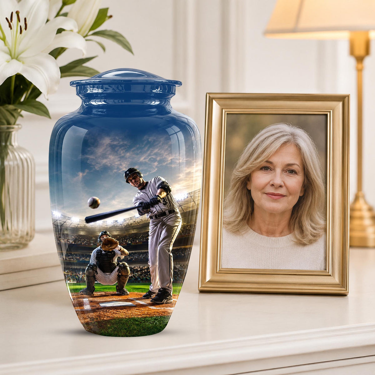Baseball Cremation Urn for Ashes - Baseball Batter and Catcher Memorial Urn