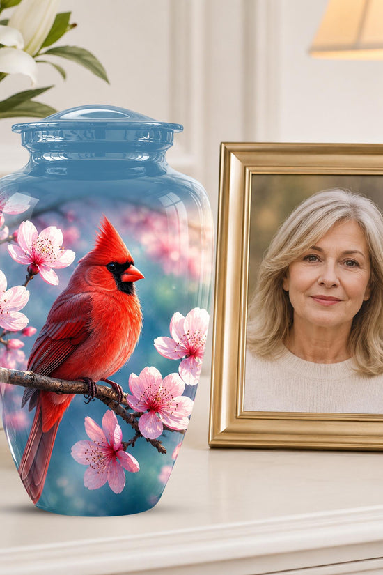 Personalized Cardinal Cherry Blossom Cremation Urn, Memorial Keepsake Urn