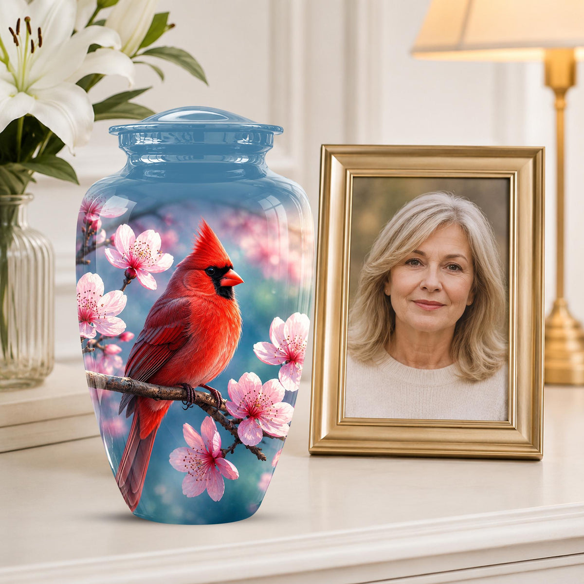 Personalized Cardinal Cherry Blossom Cremation Urn, Memorial Keepsake Urn