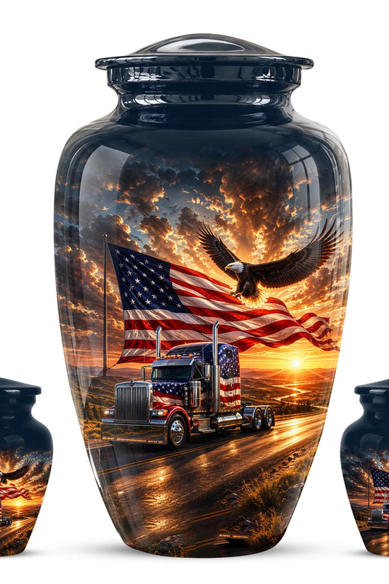 American Flag Truck Cremation Urn for Ashes - Semi Truck and Bald Eagle Memorial Urn