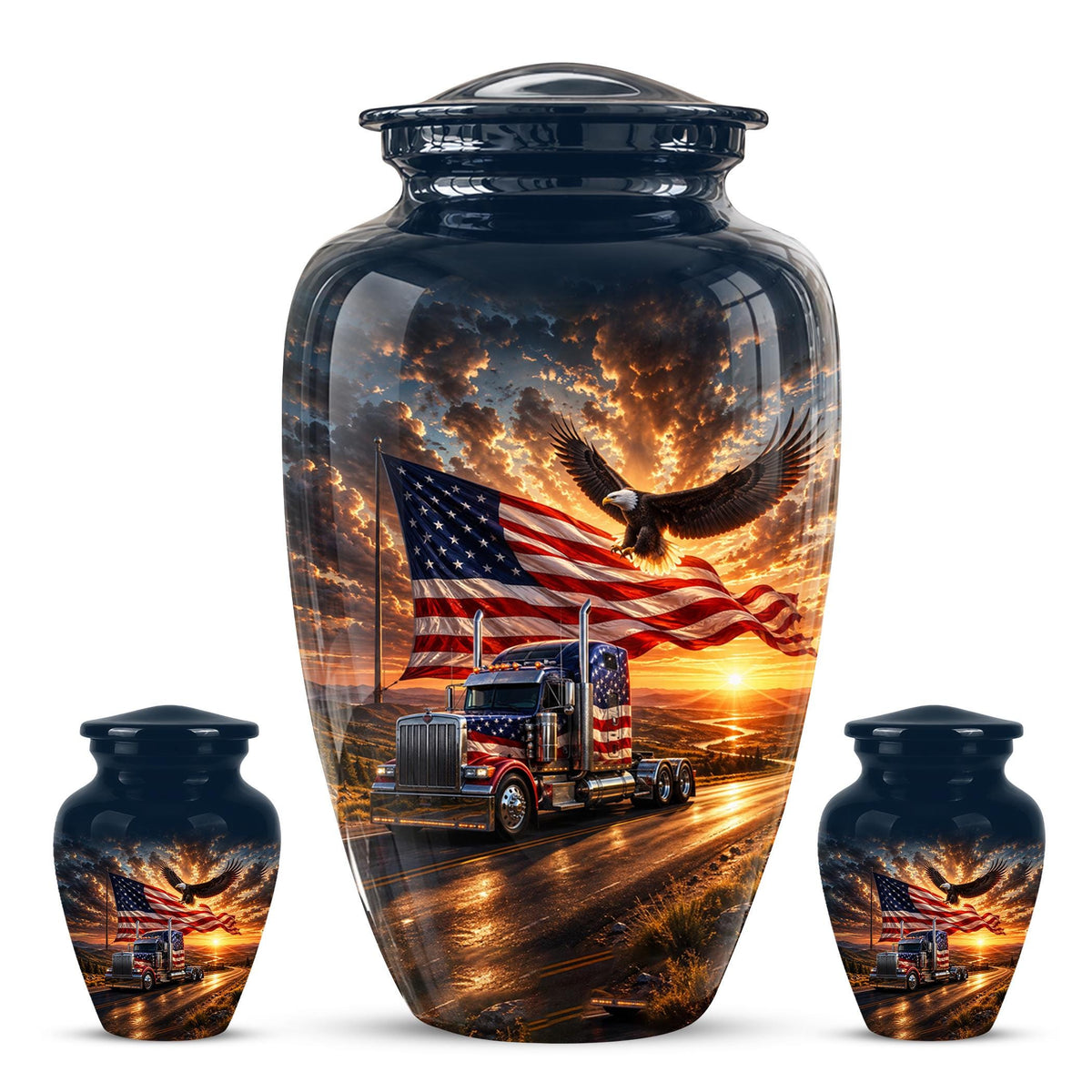 American Flag Truck Cremation Urn for Ashes - Semi Truck and Bald Eagle Memorial Urn