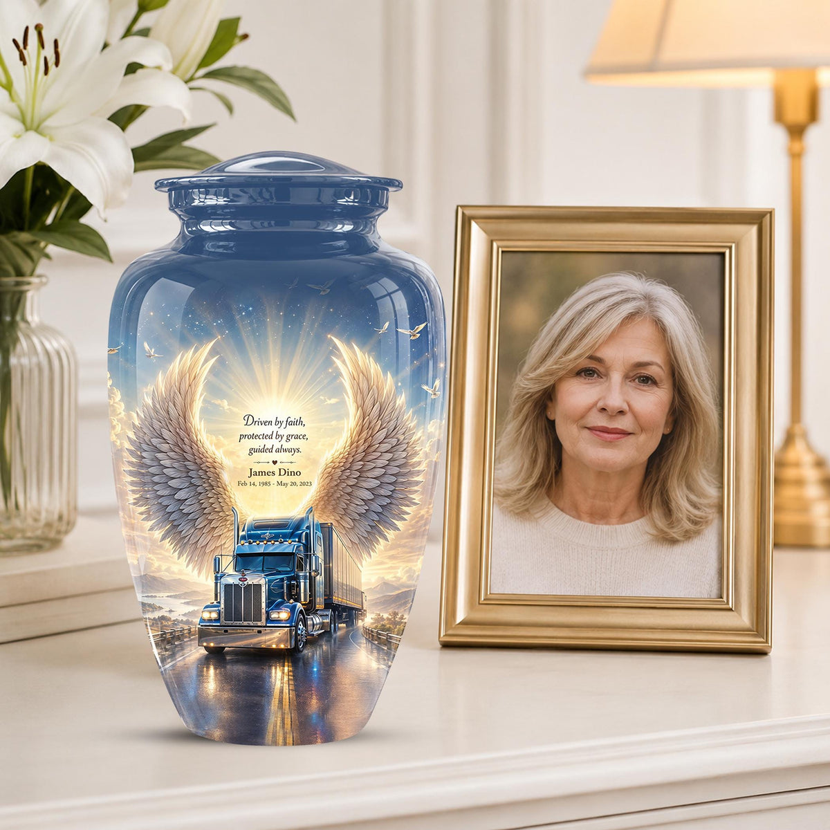 Personalized Truck Cremation Urn - Angel Wings Memorial Keepsake