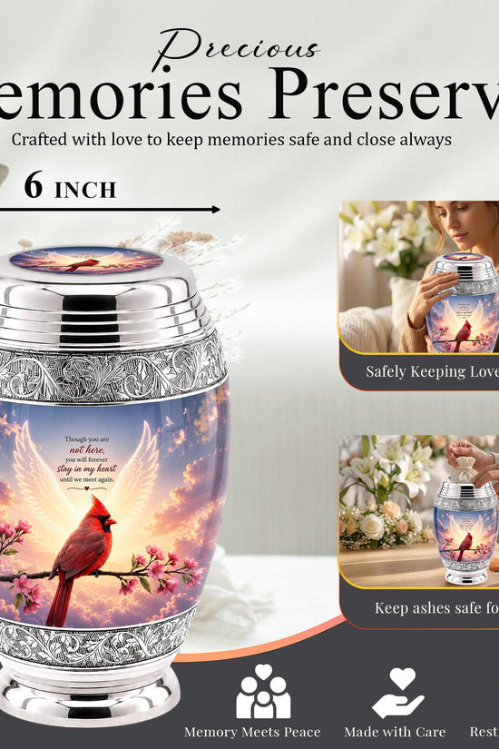 Personalized Cardinal Cremation Urn, Angel Wings - Pink Blossoms, Silver Tone (Custom Engraving)