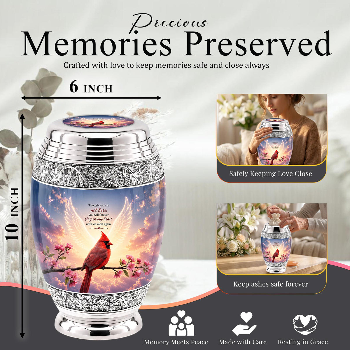 Personalized Cardinal Cremation Urn, Angel Wings - Pink Blossoms, Silver Tone (Custom Engraving)