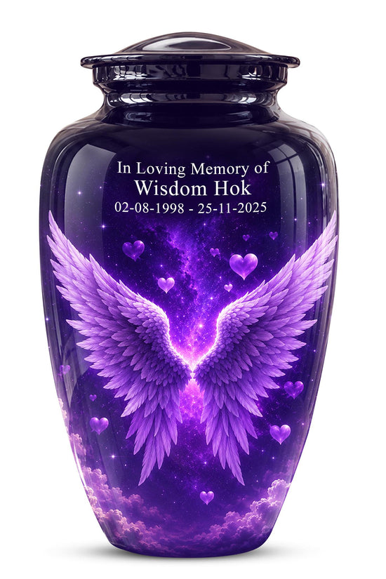 Personalized Purple Memorial Urn - Angel Wings Funeral Urn, Custom Tribute