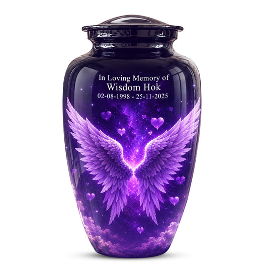 Personalized Purple Memorial Urn - Angel Wings Funeral Urn, Custom Tribute
