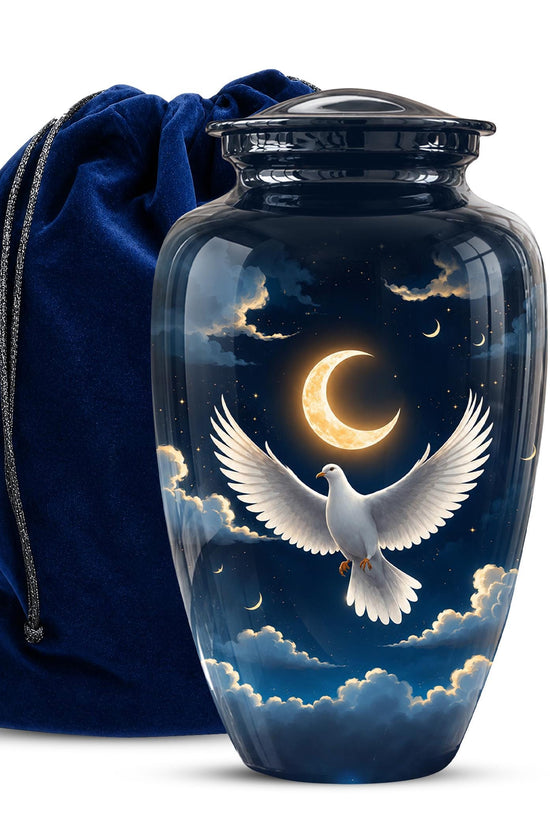 Personalized White Dove Cremation Urn for Ashes - Crescent Moon Memorial Urn, Heavenly Dove