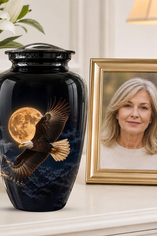 Bald Eagle Cremation Urn for Ashes - Golden Full Moon Mountain Memorial Urn