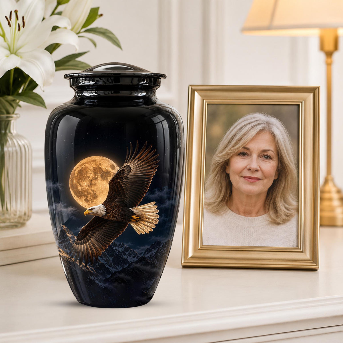 Bald Eagle Cremation Urn for Ashes - Golden Full Moon Mountain Memorial Urn
