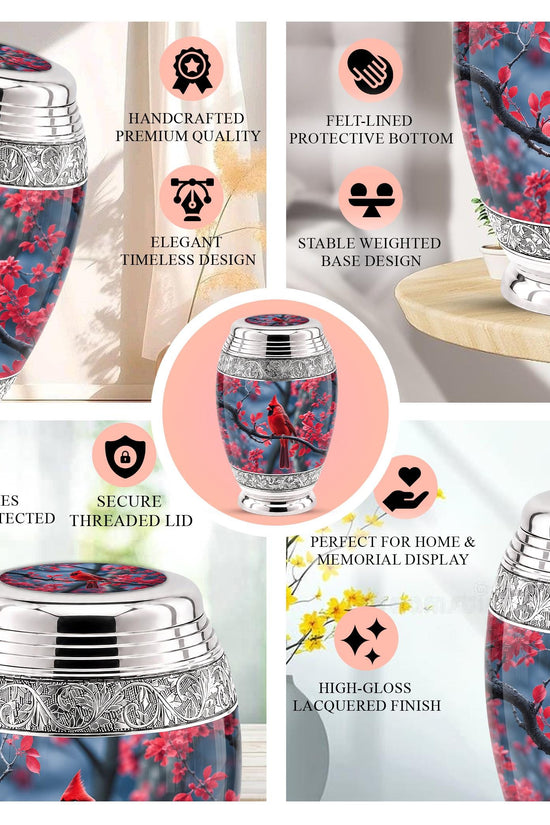 Personalized Red Cardinal Cremation Urn, Silver-Tone Memorial Ashes Container (Custom Engraving)