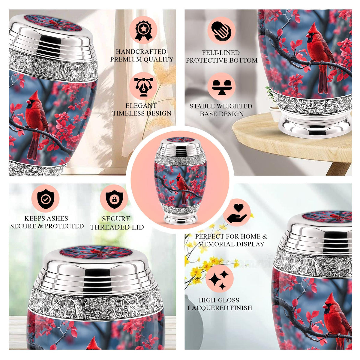 Personalized Red Cardinal Cremation Urn, Silver-Tone Memorial Ashes Container (Custom Engraving)