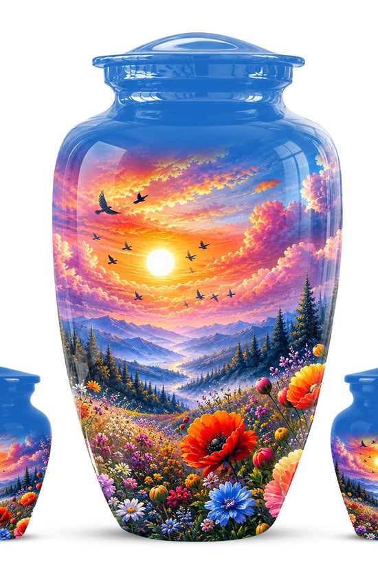 Personalized Wildflower Mountain Sunset Cremation Urn, Nature Memorial Keepsake (200 Cubic)