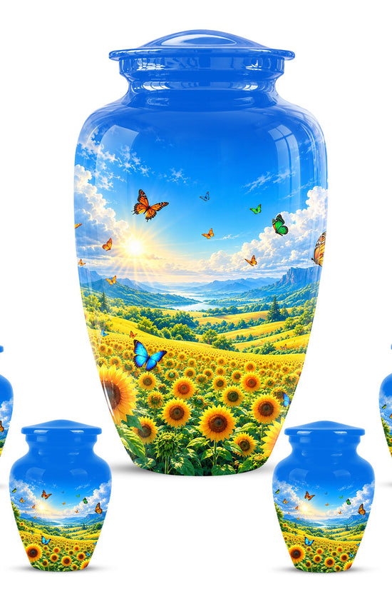 Butterfly and Sunflower Cremation Urn for Ashes - Blue Sky Floral Memorial Urn
