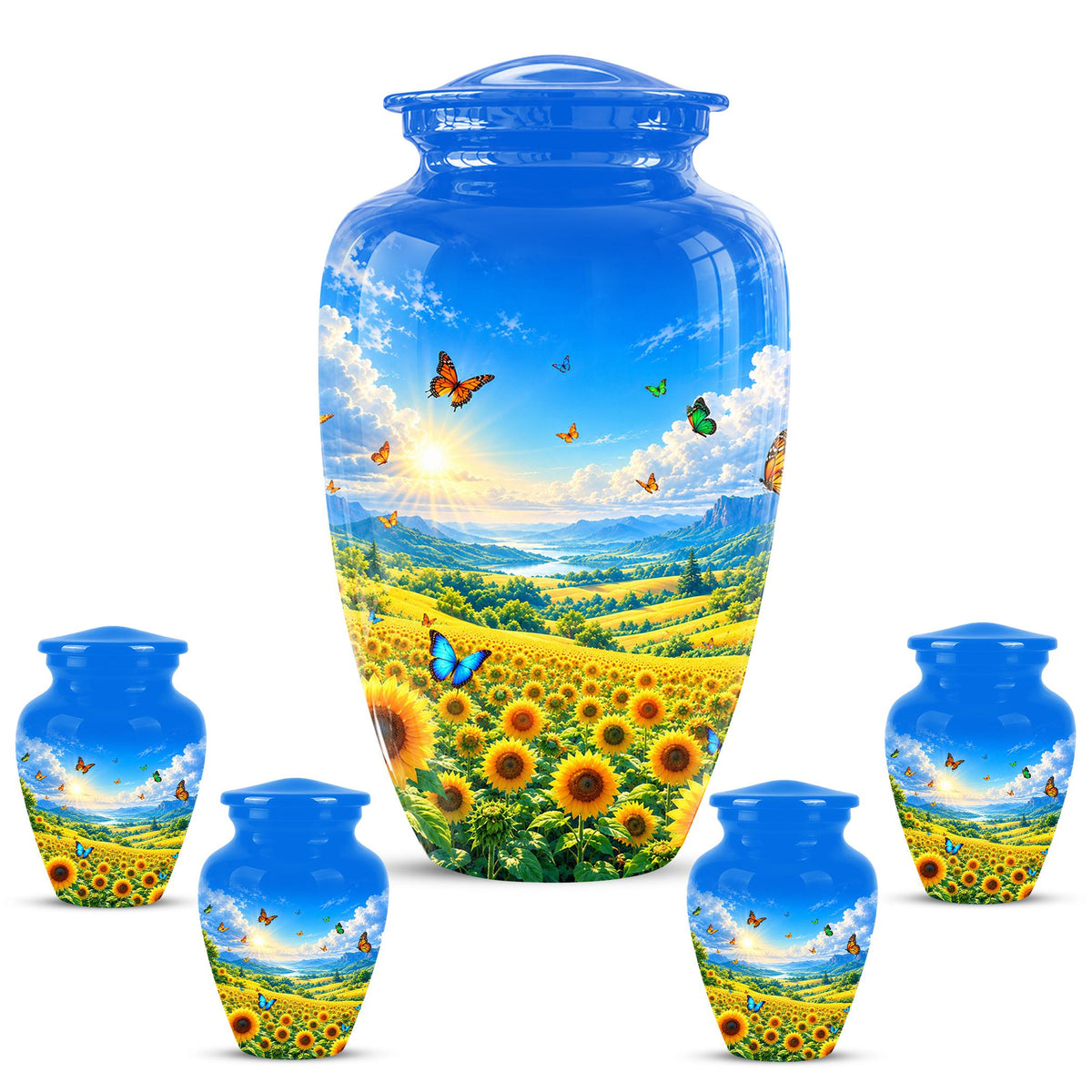 Butterfly and Sunflower Cremation Urn for Ashes - Blue Sky Floral Memorial Urn