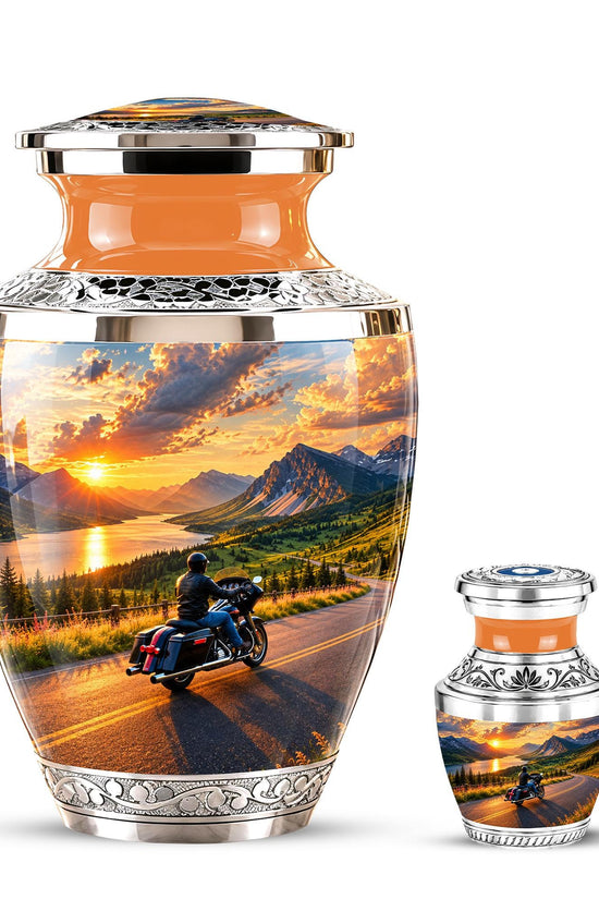 Personalized Motorcycle Cremation Urn, Mountain Road Sunset Rider Memorial
