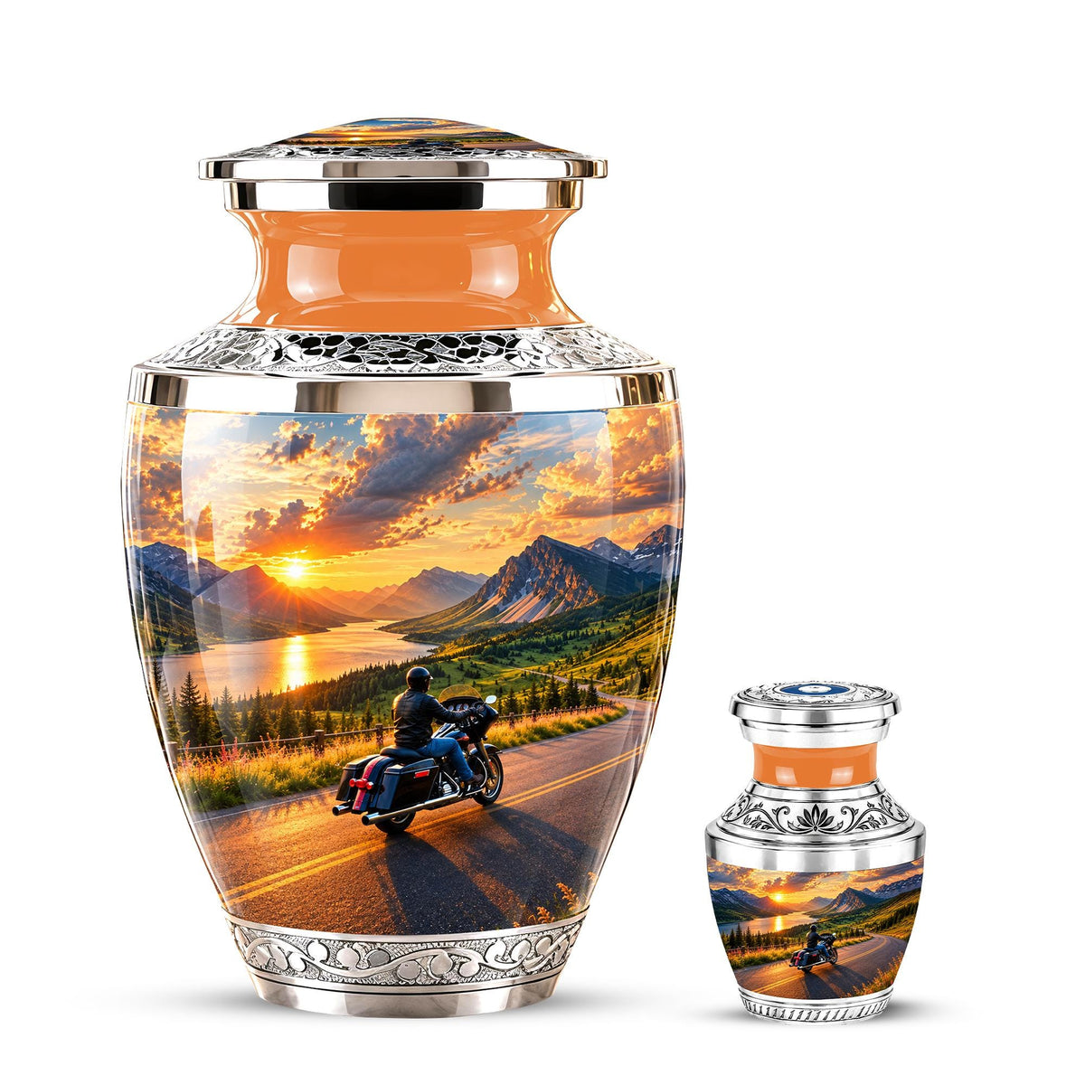 Personalized Motorcycle Cremation Urn, Mountain Road Sunset Rider Memorial