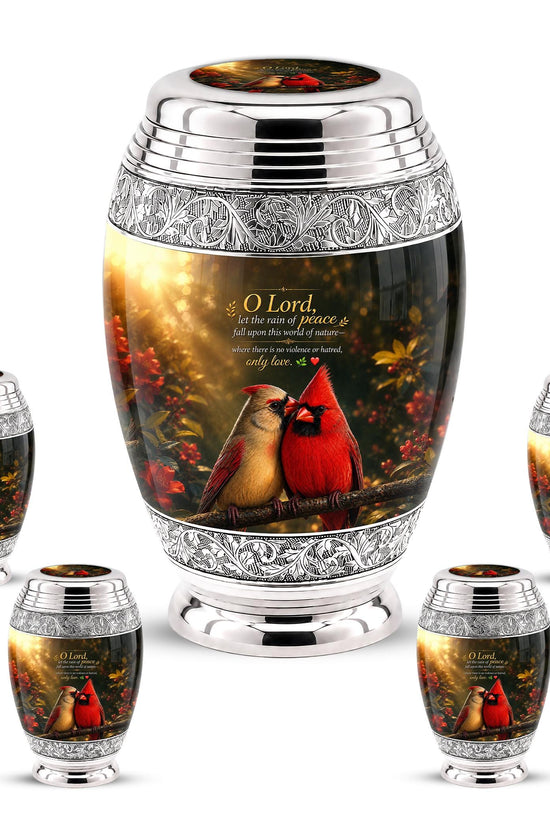 Personalized Cardinal Cremation Urn, Silver-Tone Memorial Ashes Urn, Floral Nature Scene