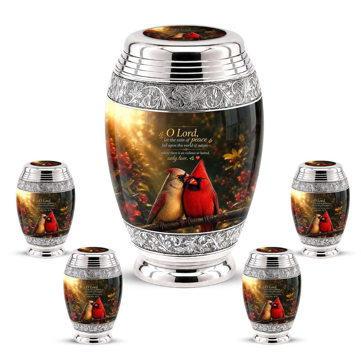 Personalized Cardinal Cremation Urn, Silver-Tone Memorial Ashes Urn, Floral Nature Scene