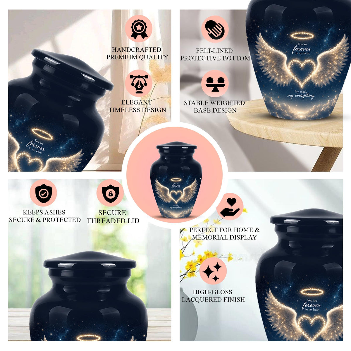 Forever in My Heart Memorial Urn - Personalized Angel Wings Cremation Urn,Custom Remembrance Keepsake
