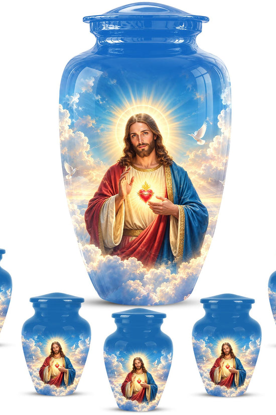 Personalized Sacred Heart of Jesus Cremation Urn for Ashes, Christian Memorial Urn - Catholic Jesus Christ Tribute Urn, Blue Religious Urn