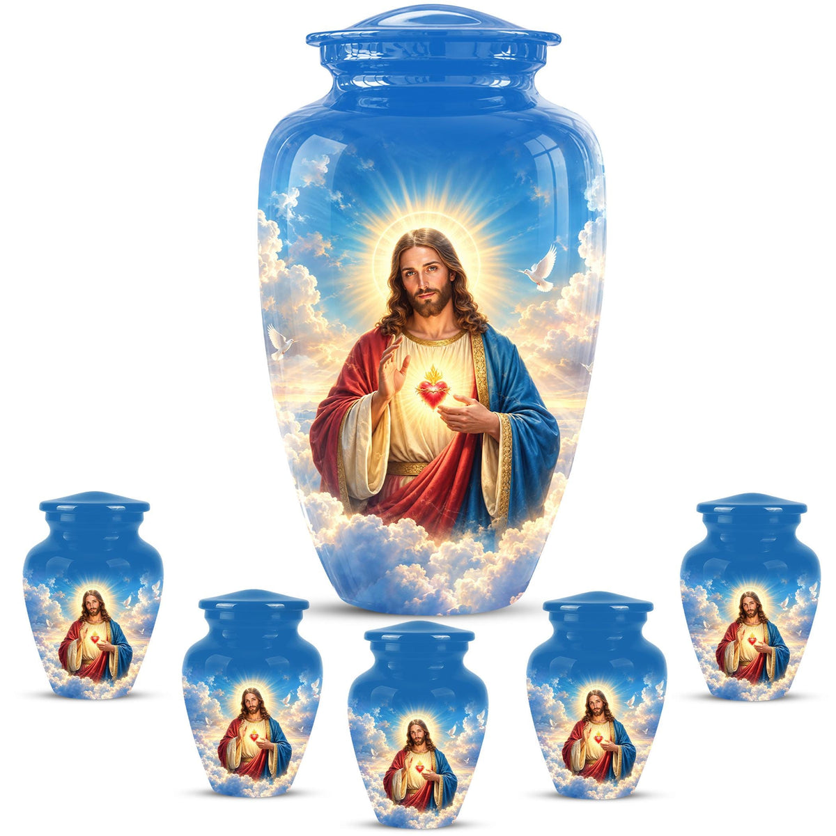 Personalized Sacred Heart of Jesus Cremation Urn for Ashes, Christian Memorial Urn - Catholic Jesus Christ Tribute Urn, Blue Religious Urn