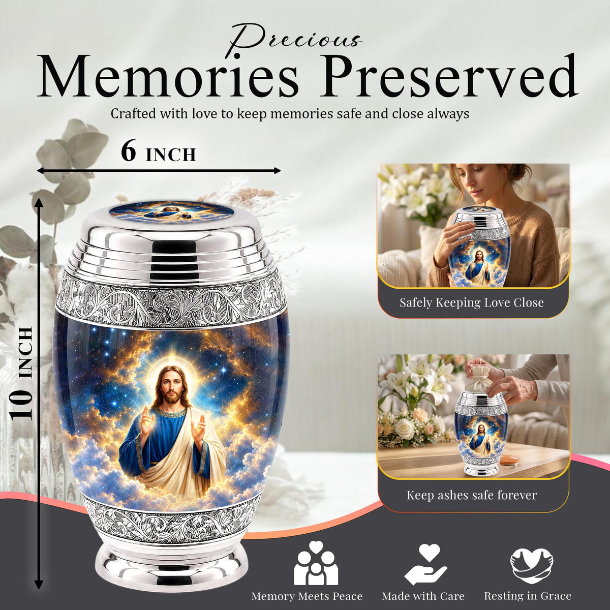 Personalized Jesus Cremation Urn - Celestial Christian Memorial Ashes Urn (200 Cubic)