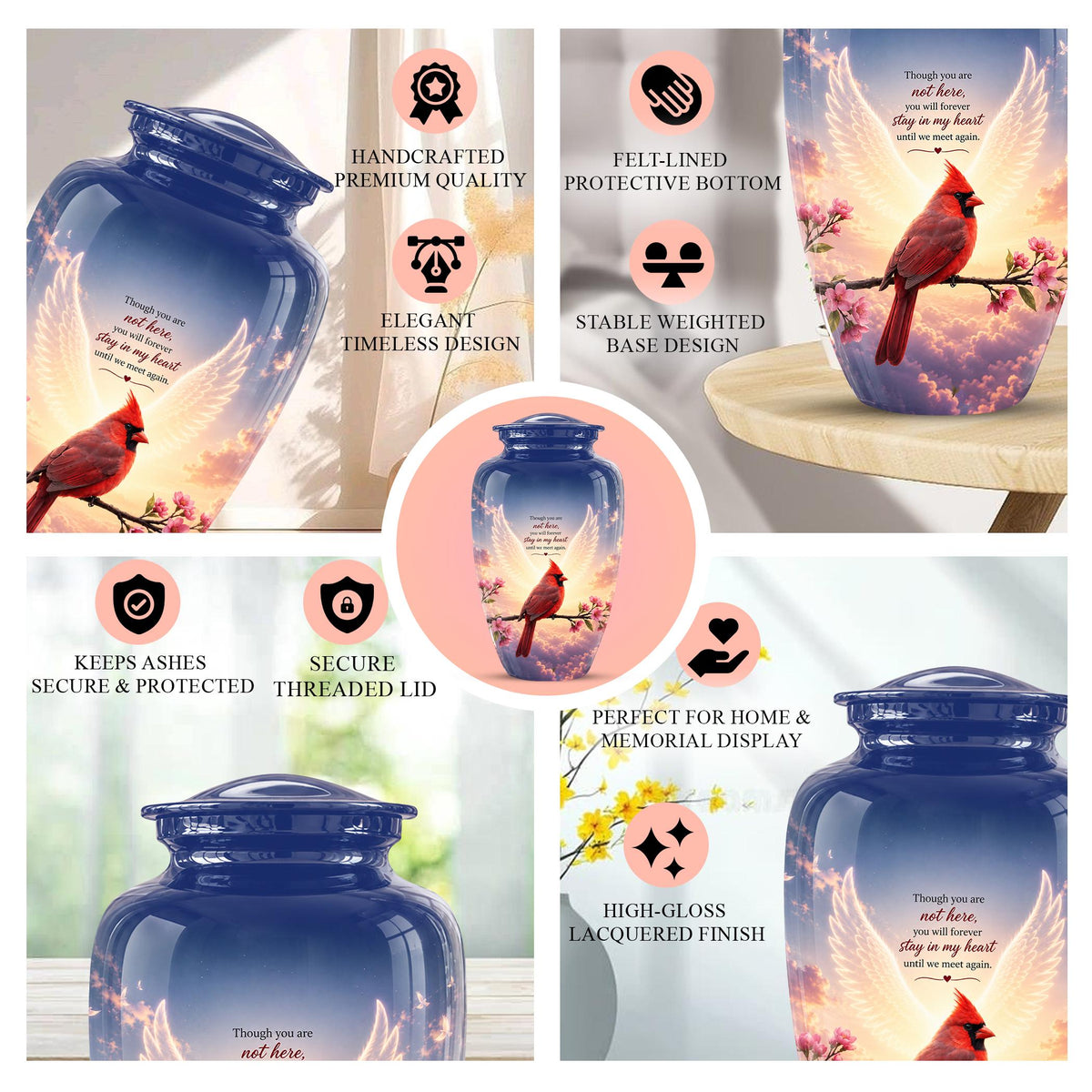 Personalized Cardinal Cremation Urn for Ashes, Red Cardinal Memorial Urn, Angel Wings Bird Tribute Urn - In Loving Memory Memorial (200 Cubic)