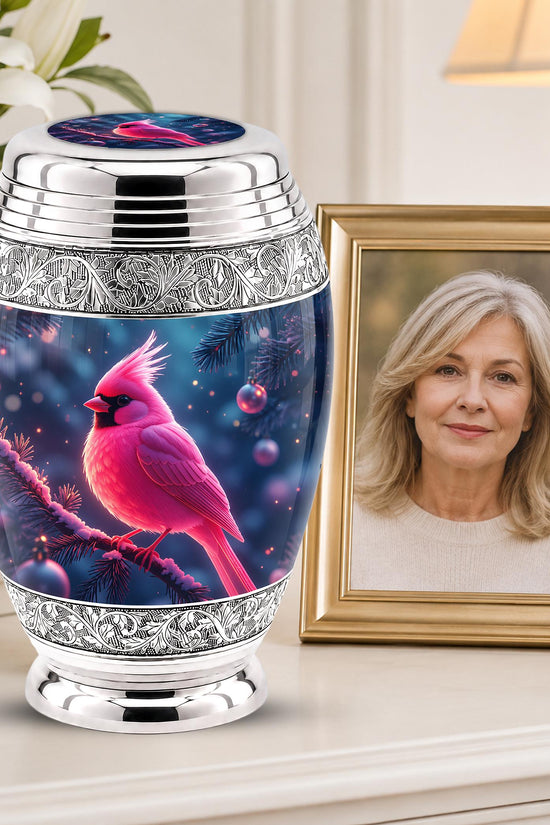 Personalized Pink Cardinal Cremation Urn, Silver-Tone Memorial Ashes Urn (Winter Scene)