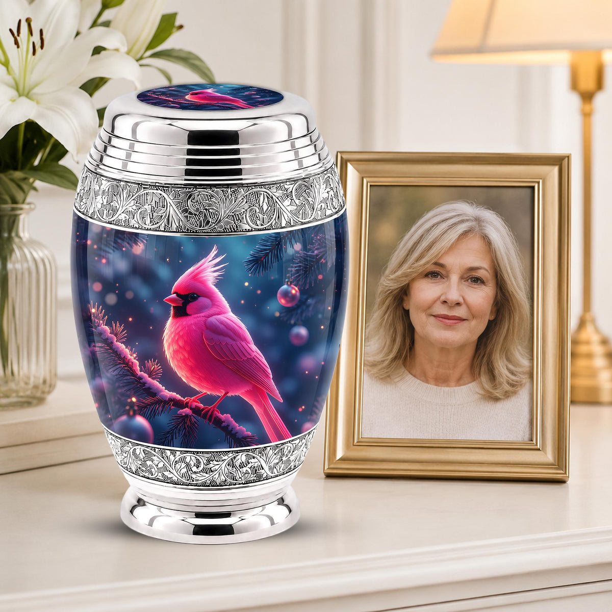 Personalized Pink Cardinal Cremation Urn, Silver-Tone Memorial Ashes Urn (Winter Scene)