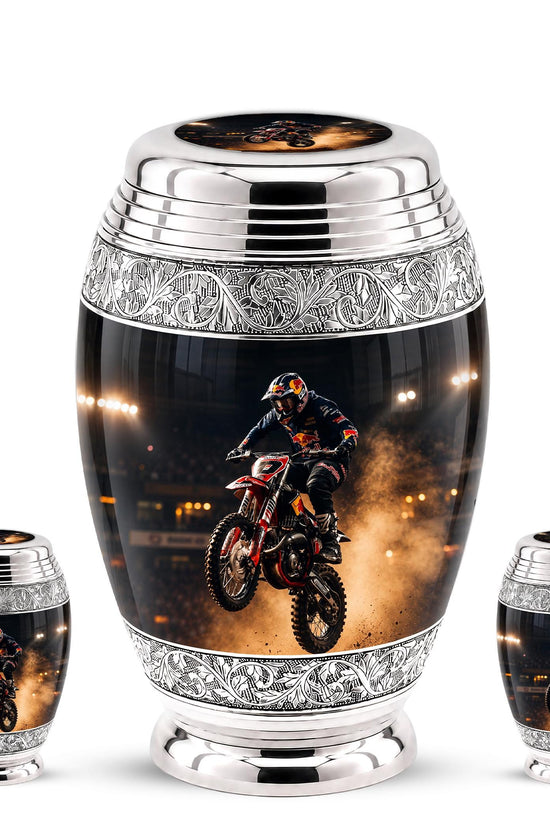 Personalized Motocross Rider Cremation Urn, Glossy Black Finish, Memorial Keepsake
