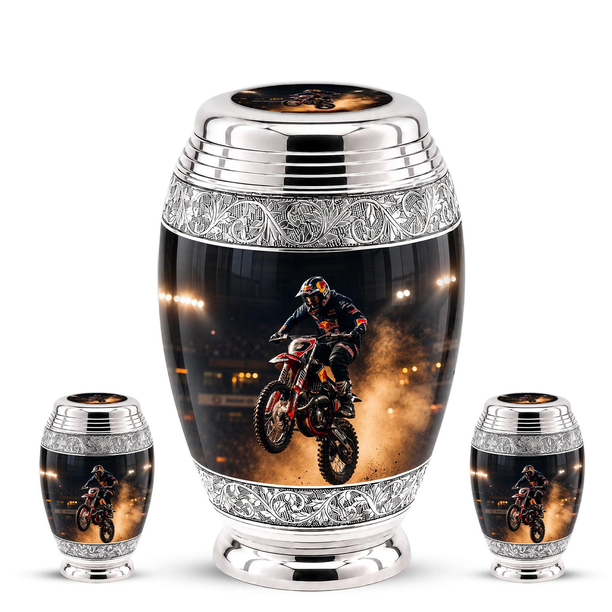 Personalized Motocross Rider Cremation Urn, Glossy Black Finish, Memorial Keepsake