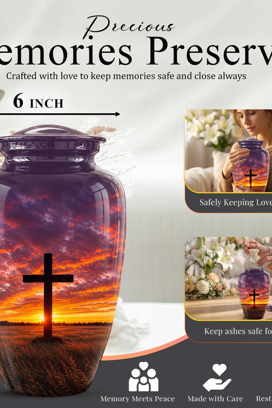 Personalized Cross Cremation Urn, Sunset Memorial Keepsake, Christian Ashes Tribute