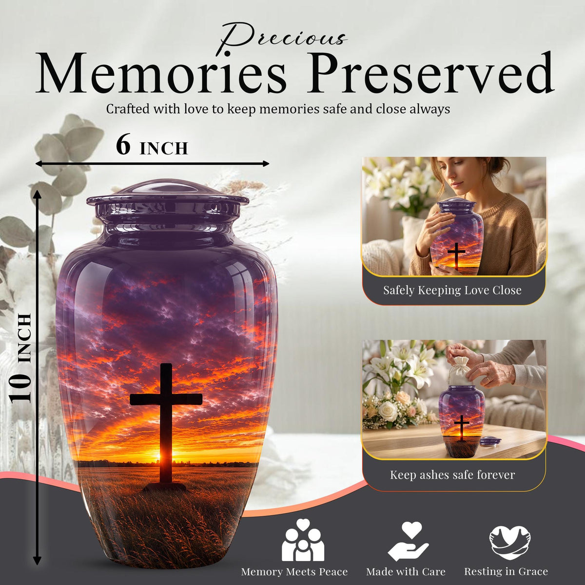 Personalized Cross Cremation Urn, Sunset Memorial Keepsake, Christian Ashes Tribute