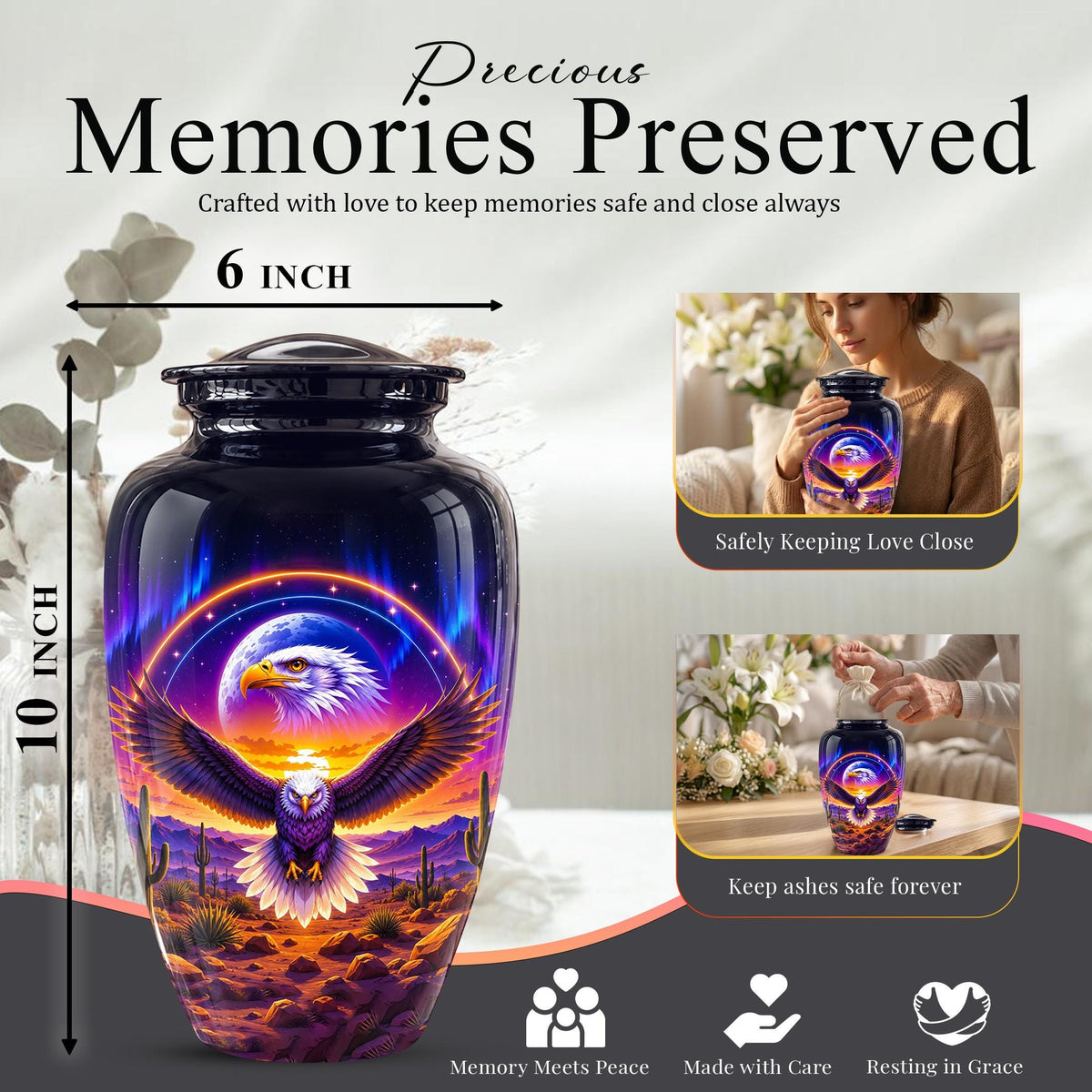 Bald Eagle Cremation Urn for Ashes - Colorful Desert Sunset Memorial Urn