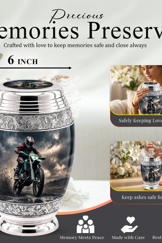 Personalized Motocross Rider Cremation Urn, Glossy Black Finish, Memorial Keepsake