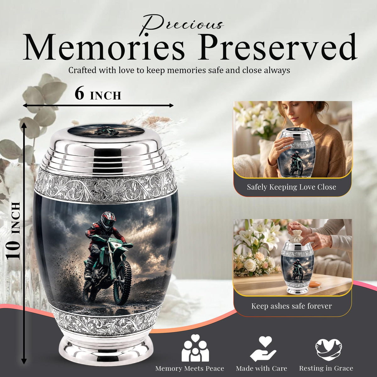 Personalized Motocross Rider Cremation Urn, Glossy Black Finish, Memorial Keepsake