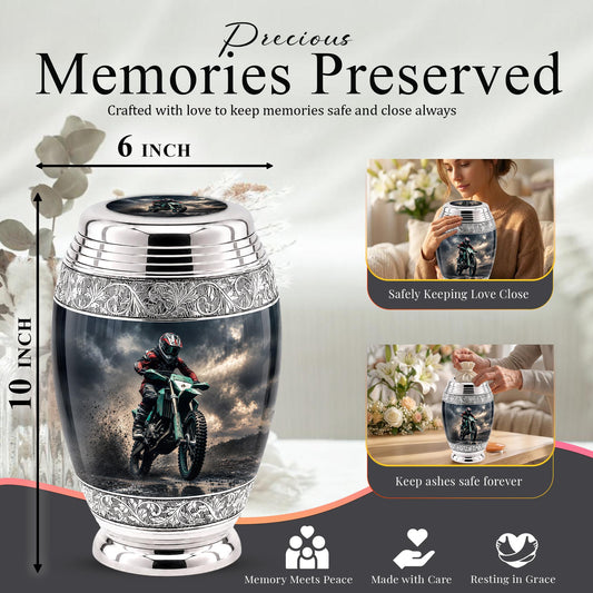 Personalized Motocross Rider Cremation Urn, Glossy Black Finish, Memorial Keepsake