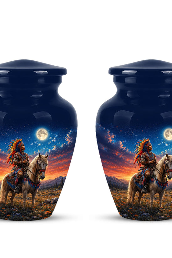 Native American Cremation Urn for Ashes - Western Cowboy Memorial Urn, Horse & Rider Funeral Urn
