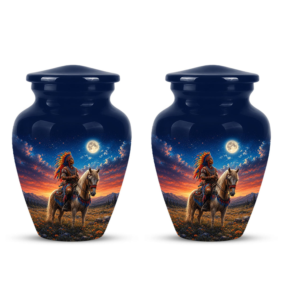 Native American Cremation Urn for Ashes - Western Cowboy Memorial Urn, Horse & Rider Funeral Urn