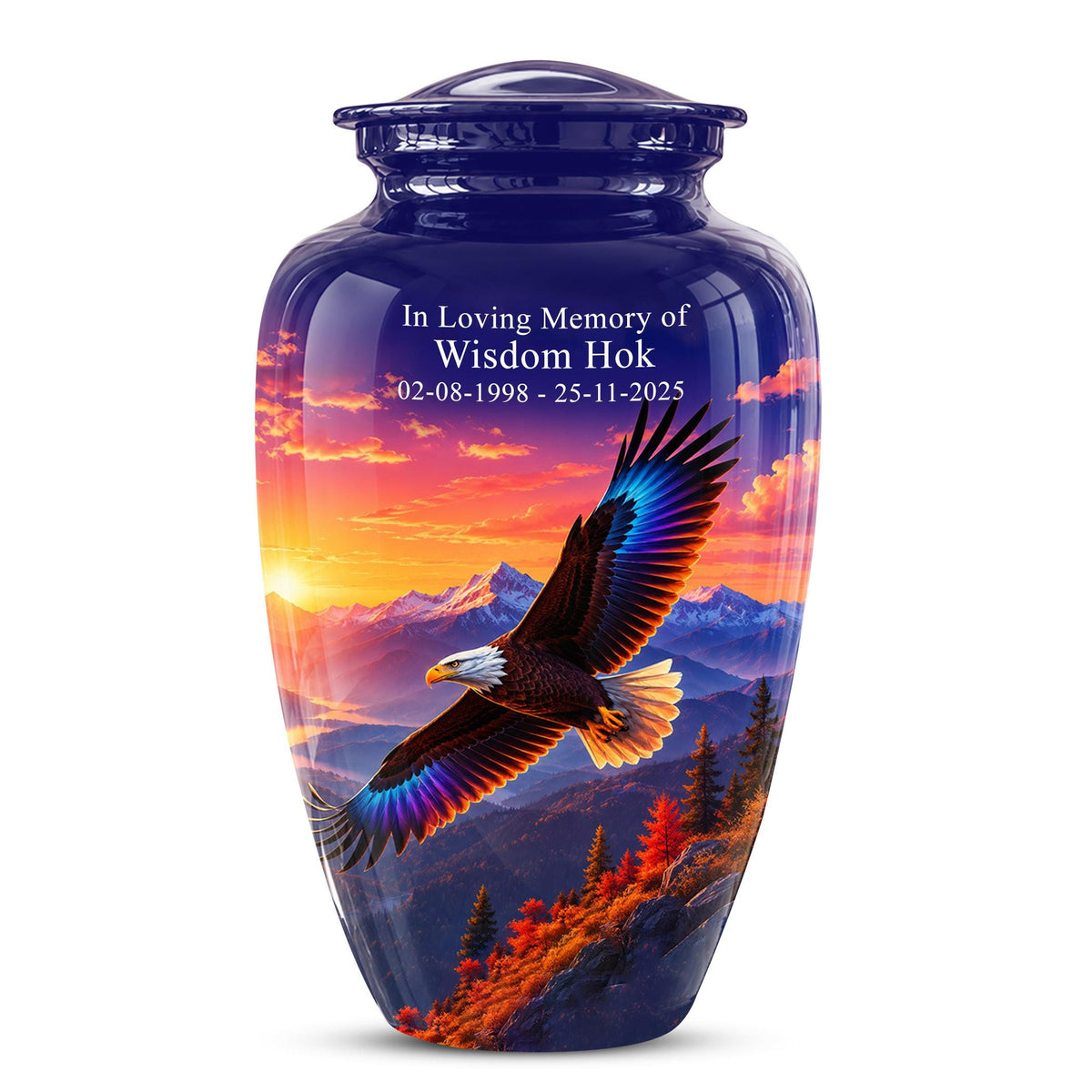 Bald Eagle Cremation Urn for Ashes - Purple Sunset Mountain Memorial Urn