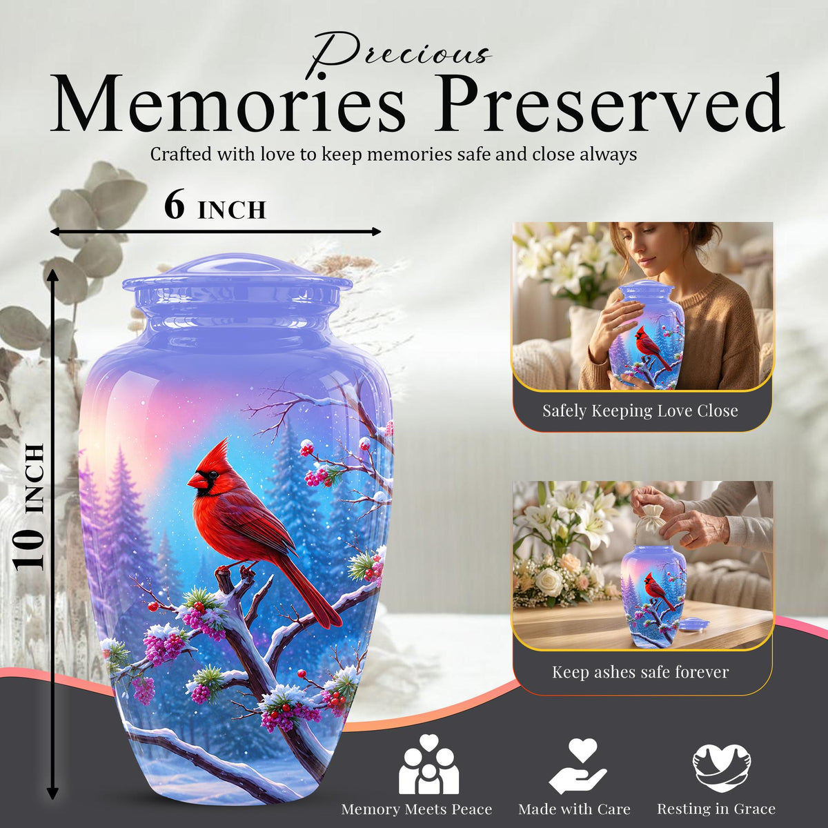 Personalized Red Cardinal Winter Urn for Ashes, Custom Memorial Keepsake