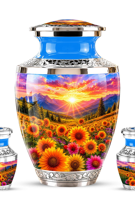 Personalized Cremation Urn, Floral Sunset Mountain Landscape, Memorial Keepsake
