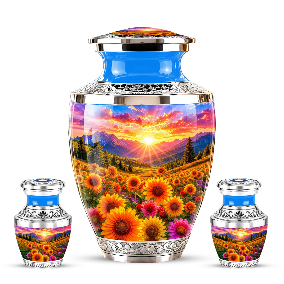 Personalized Cremation Urn, Floral Sunset Mountain Landscape, Memorial Keepsake