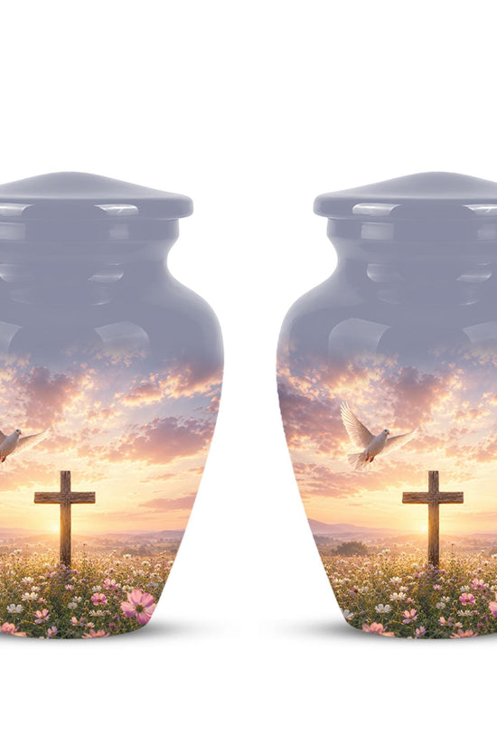 Personalized Christian Cross Urn | Dove, Sunrise, Wildflowers Memorial Keepsake