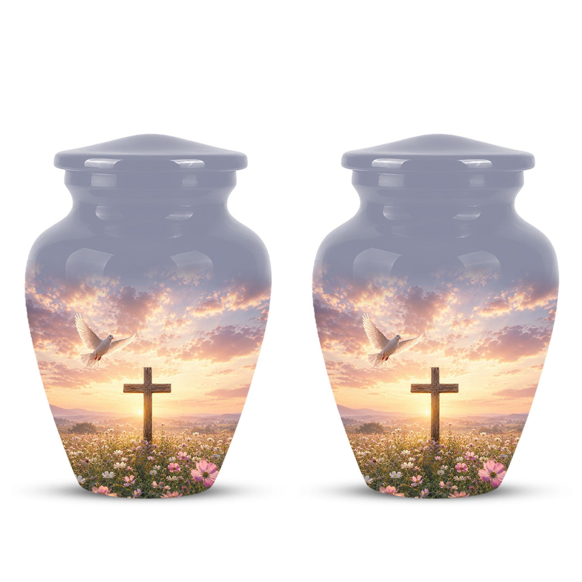 Personalized Christian Cross Urn | Dove, Sunrise, Wildflowers Memorial Keepsake