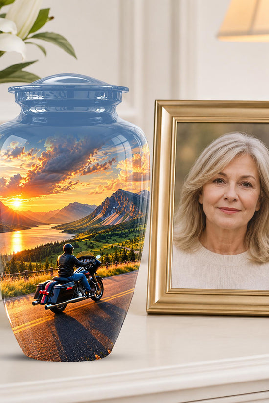 Personalized Motorcycle Cremation Urn, Memorial Urn for Ashes, Mountain Road Biker Tribute, 200 Cubic