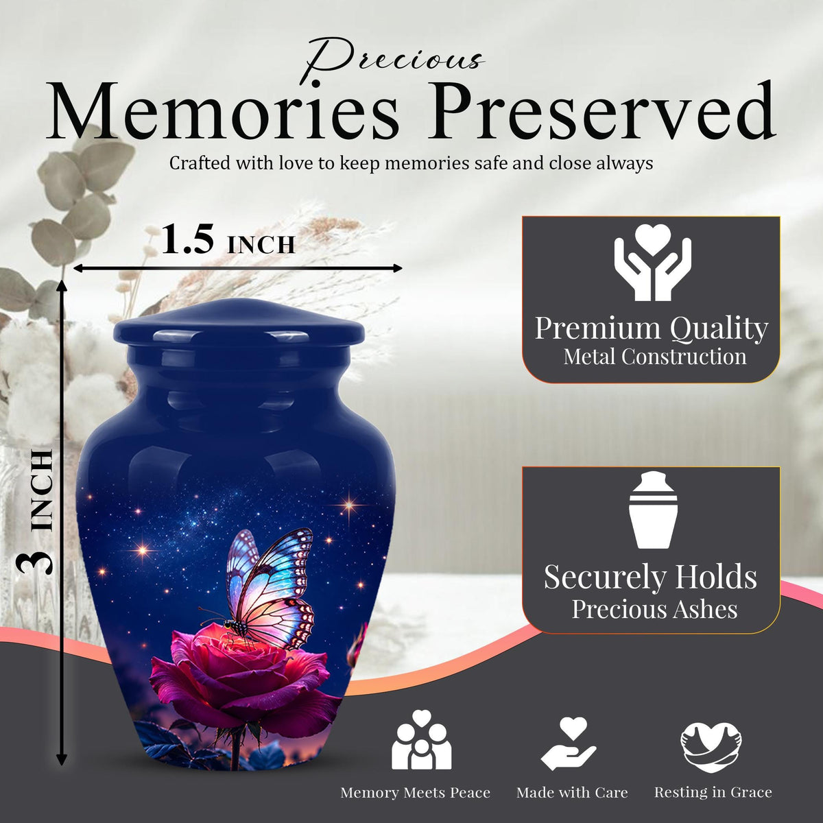 Butterfly and Rose Cremation Urn for Ashes - Pink Floral Memorial Urn