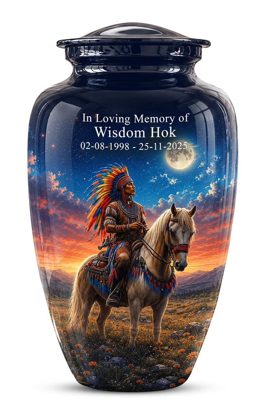Native American Cremation Urn for Ashes - Western Cowboy Memorial Urn, Horse & Rider Funeral Urn